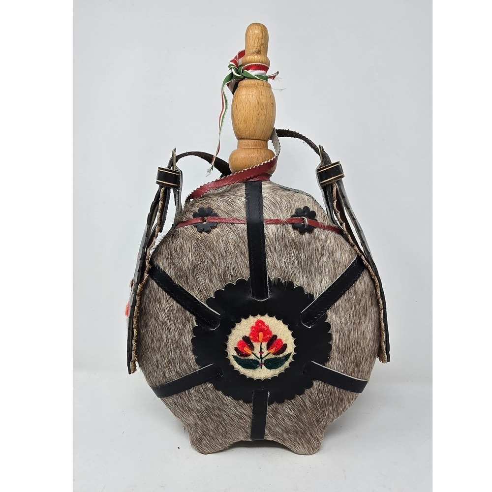 Vtg Hungarian Folk Art shepherd's canteen flask horse hair cowhide csikós kulacs